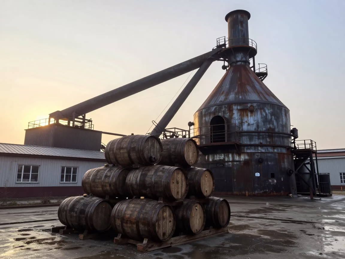 Autumn Sunrise Distillery Warehouse Barrels Near Blast Furnace in beside a blast furnace near Baku