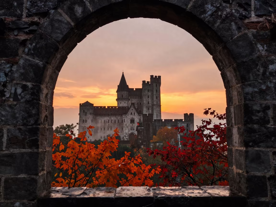 Autumn Sunset Castle Ruin Through Stone Arch in beneath a broken stone arch in Hubei