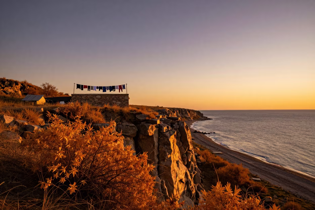 Autumn Sunset Clothesline Over Kyrgyzstan Shoreline in along a wave-cut shoreline in Kyrgyzstan