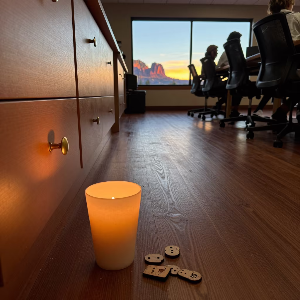 Autumn Sunset Coat Check Token Cup in inside a coworking floor near Sedona