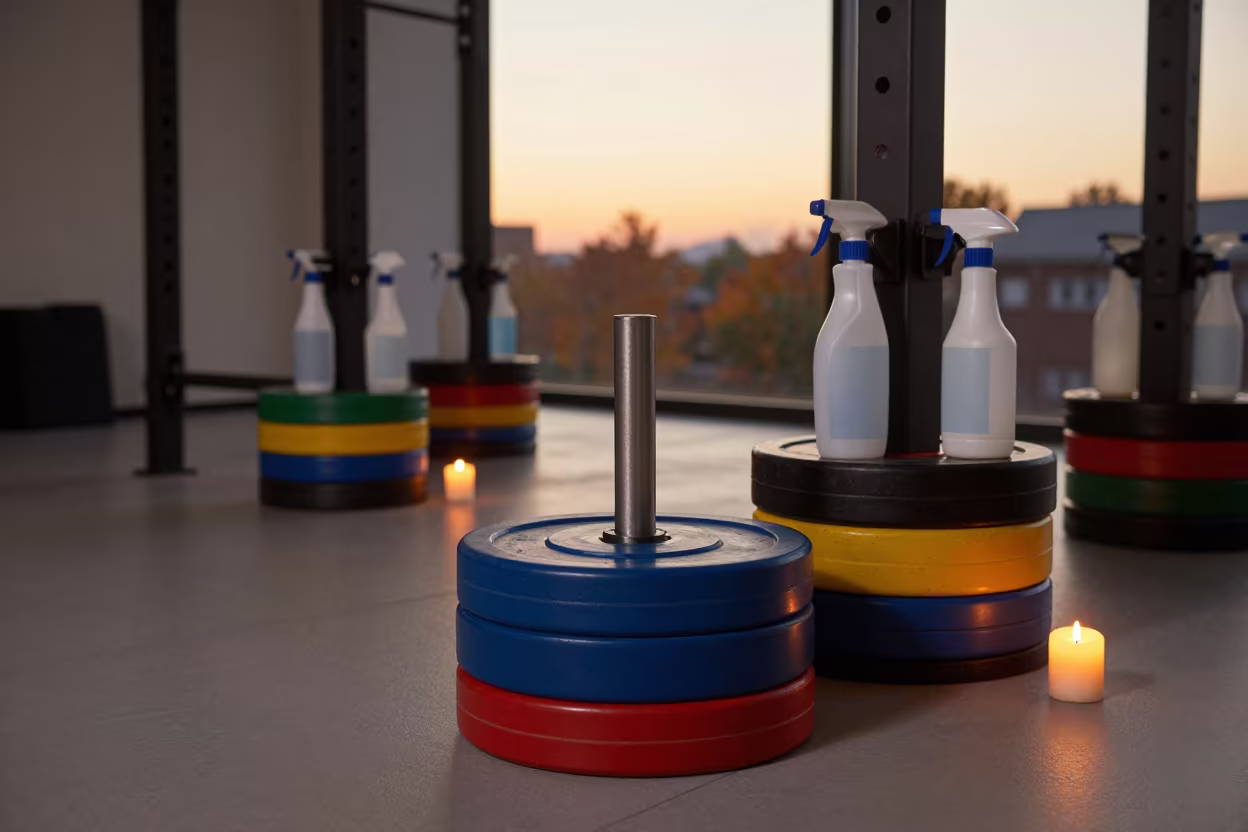 Autumn Sunset Glow in Hangzhou Spin Studio Bumper Plates in inside a spin studio under class lights in Hangzhou