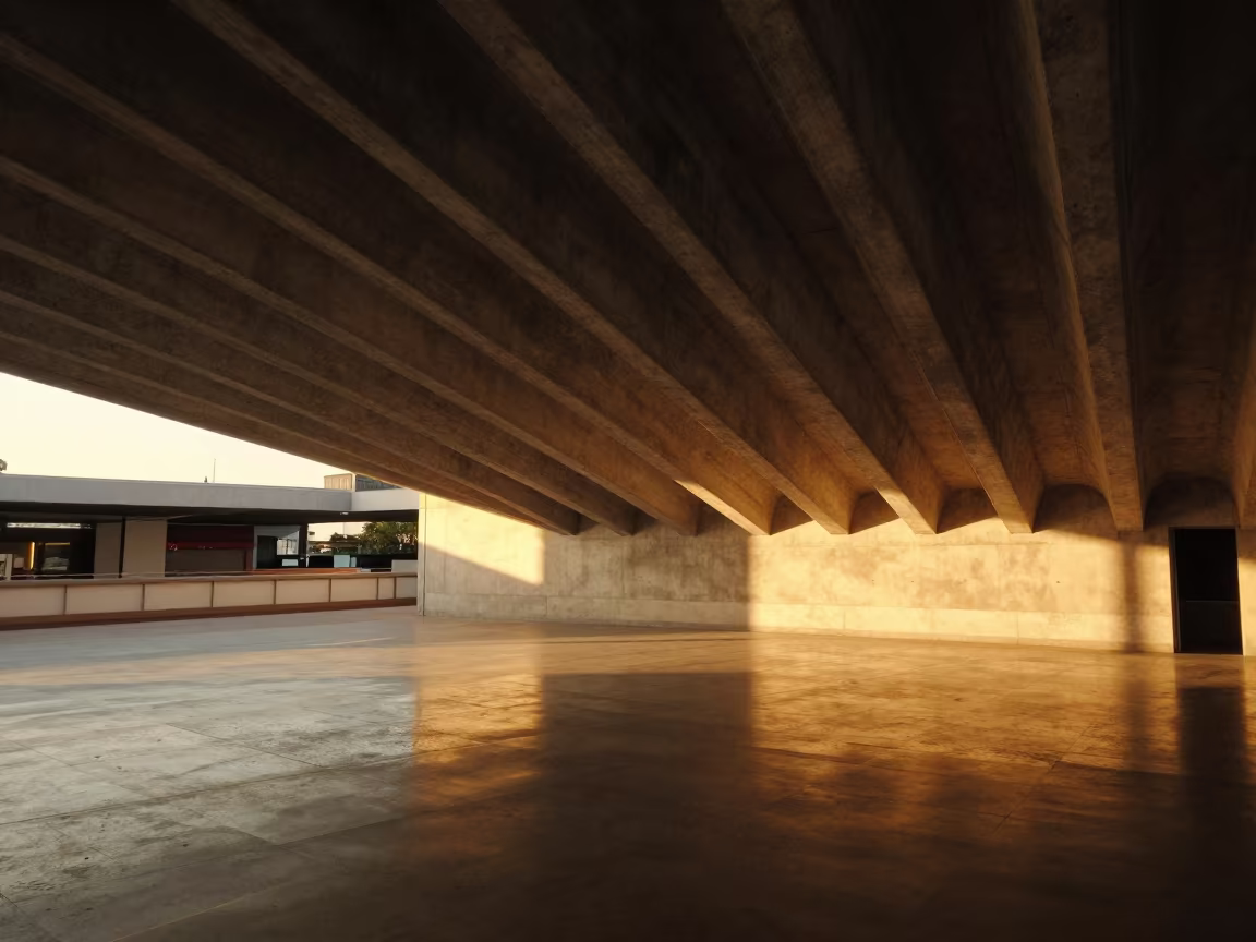 Autumn Sunset on Mar Del Plata Railway Roof in inside a ribbed concrete lobby in Mar del Plata