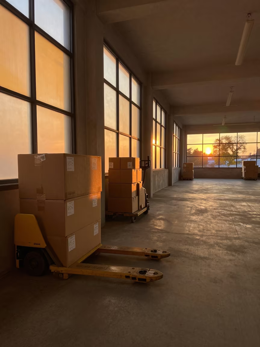 Autumn Sunset Light on Pallet Jack and Cartons in inside a dispatch office above the dock near Portsmouth