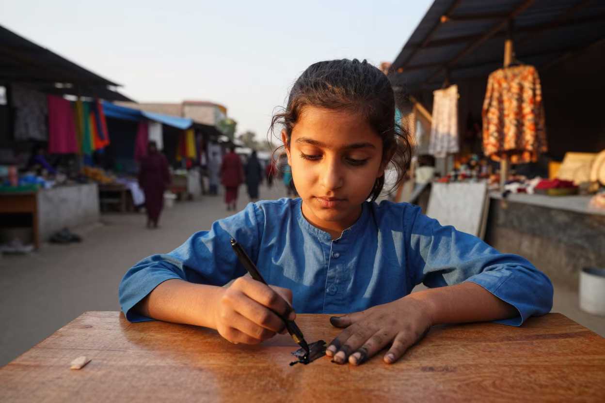 Autumn Sunset Portrait Girl Ink Stained Fingertips Rawalpindi in along a market lane in Rawalpindi