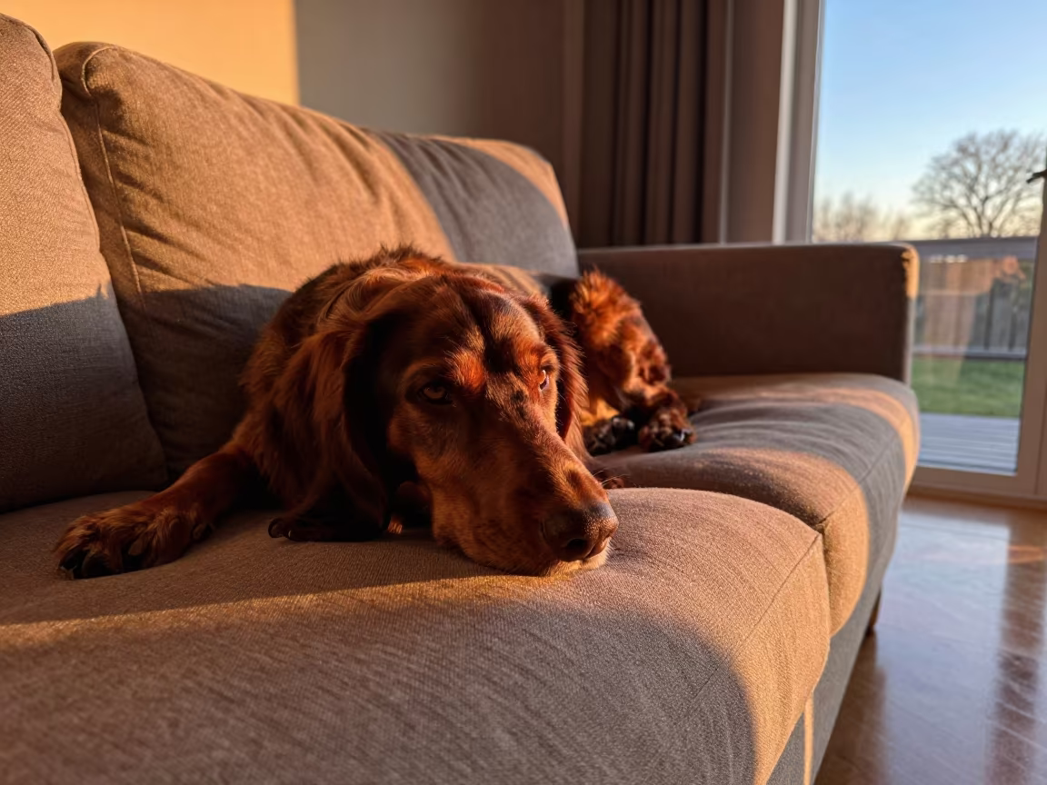 Autumn Sunset Portrait of Hanoverian Scenthound on Sofa in on a linen sofa with daylight from a nearby window in Swansea