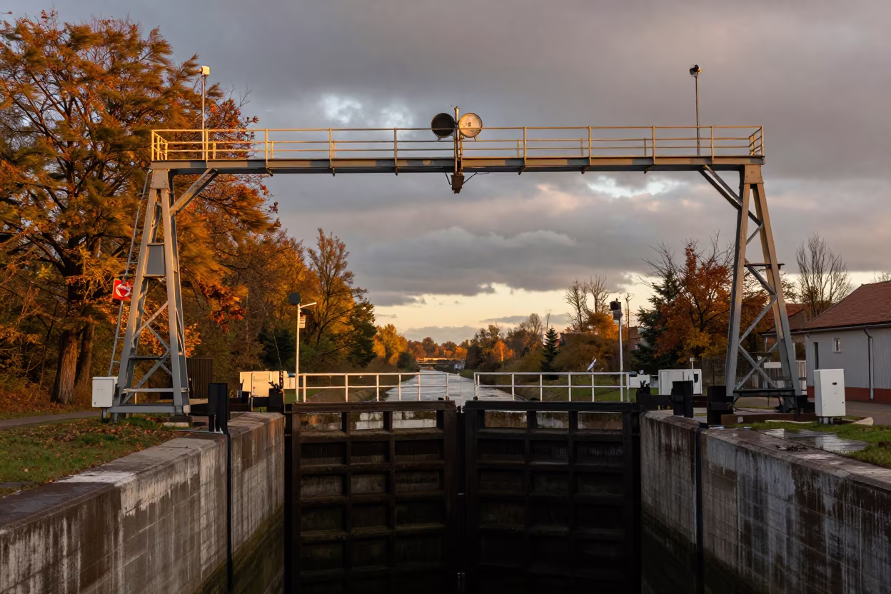 Autumn Sunset Signal Gantry at Lublin Lock in at a canal lock chamber in Lublin