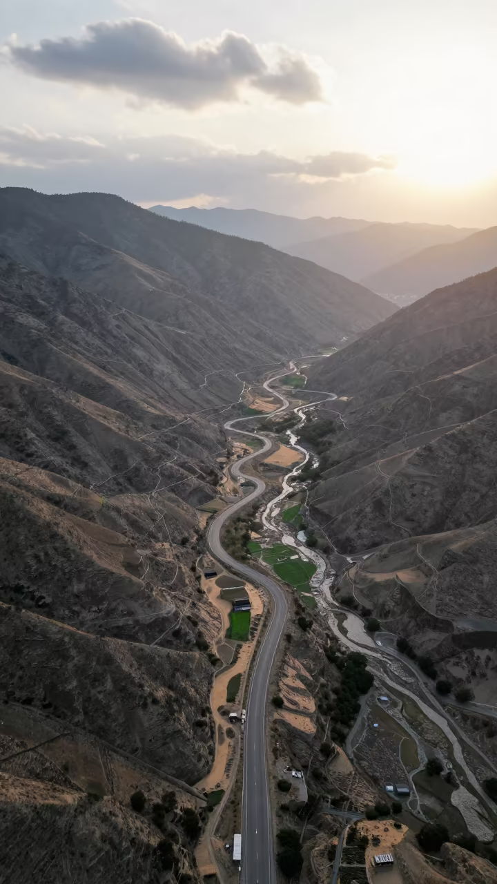 Autumn switchback road Himachal Pradesh mountains in above dune fields and dry wadis in Himachal Pradesh