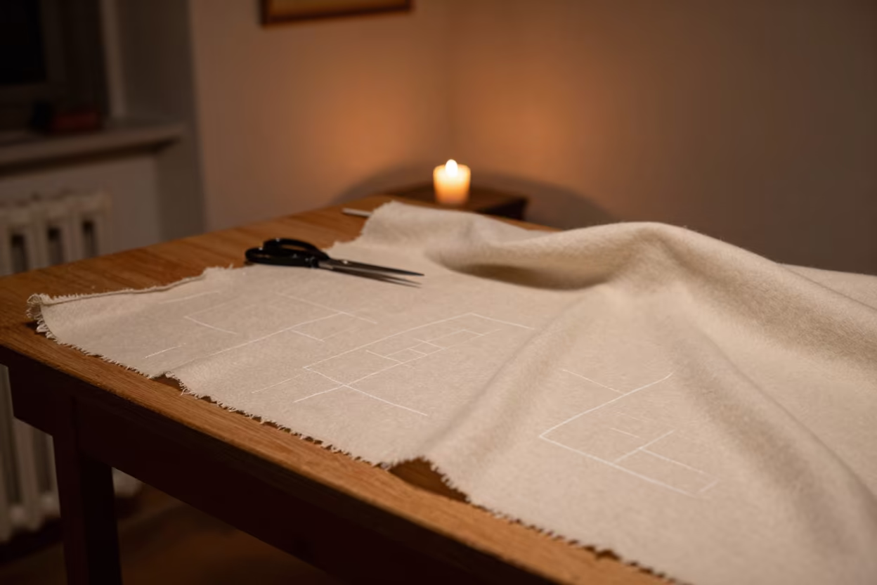 Autumn Tailoring Night with Candlelight and Shears in at a tailoring table strewn with chalk and shears in Milan