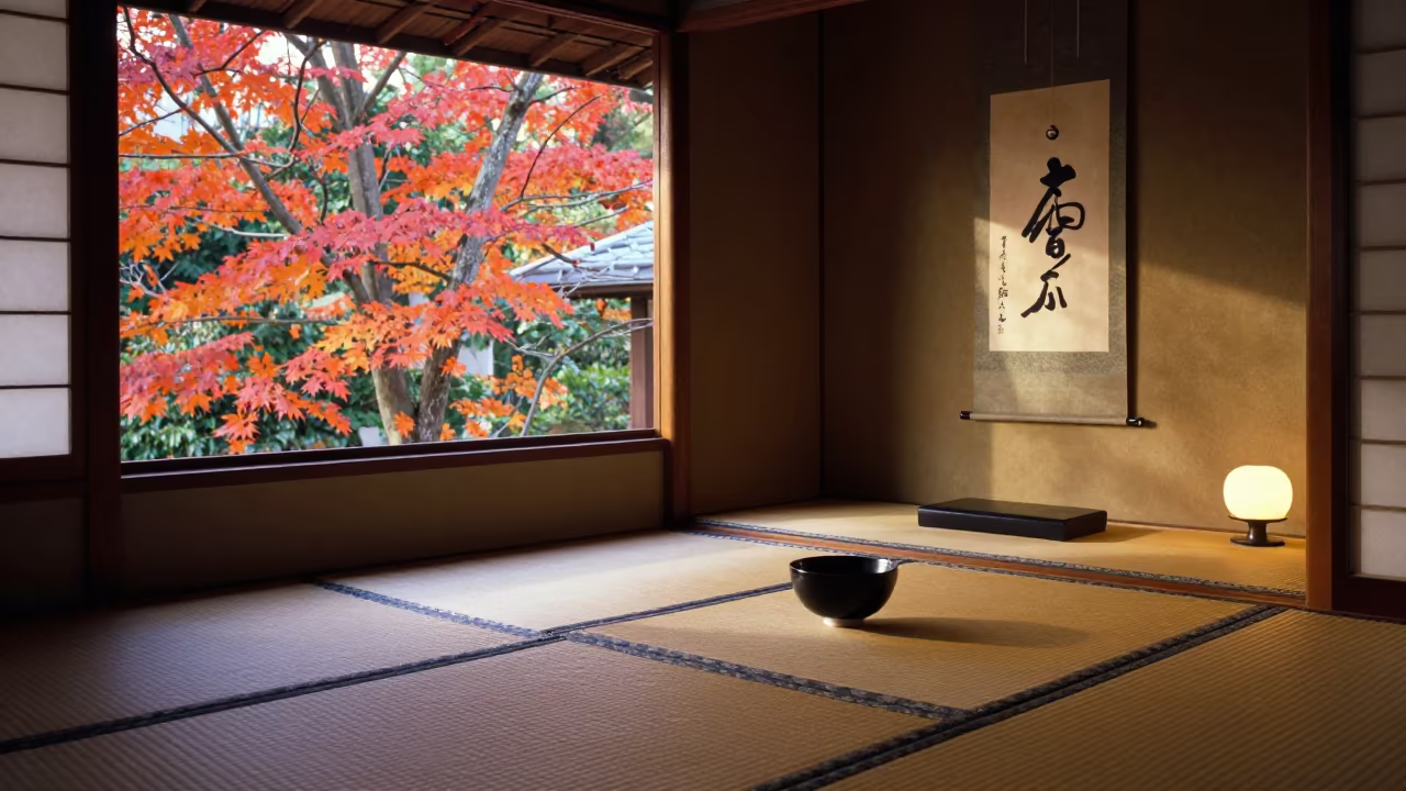 Autumn Tea Bowl on Tatami Beside Scroll in beside a tokonoma alcove in a tea room in Osaka