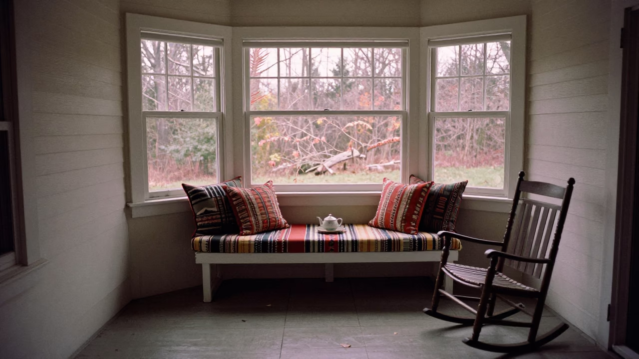Autumn Tea Set on Bay Window Seat in on a porch with a rocking chair near Mendoza