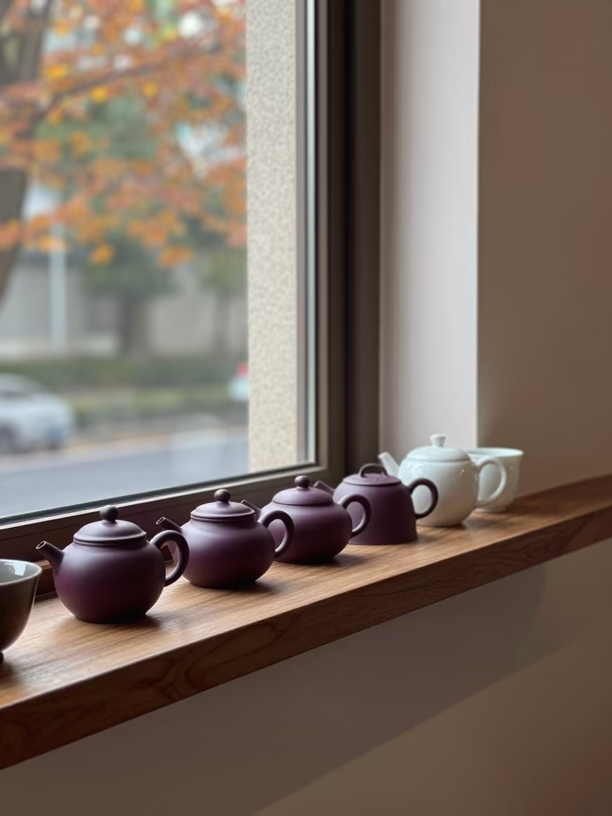 Autumn Teapot Collection on Sunlit Windowsill in in a sunlit living room near Nanjing