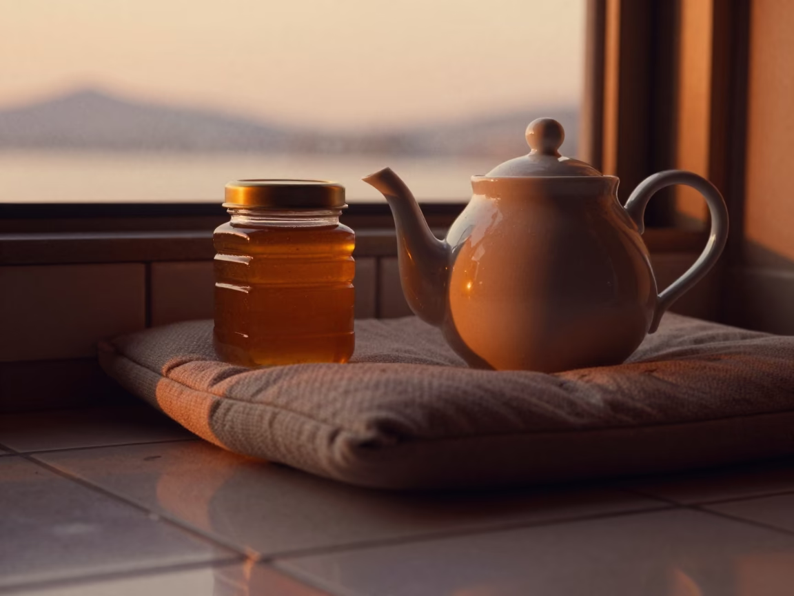 Autumn Teapot and Honey on Hangzhou Cushion in on a reading nook cushion in Hangzhou