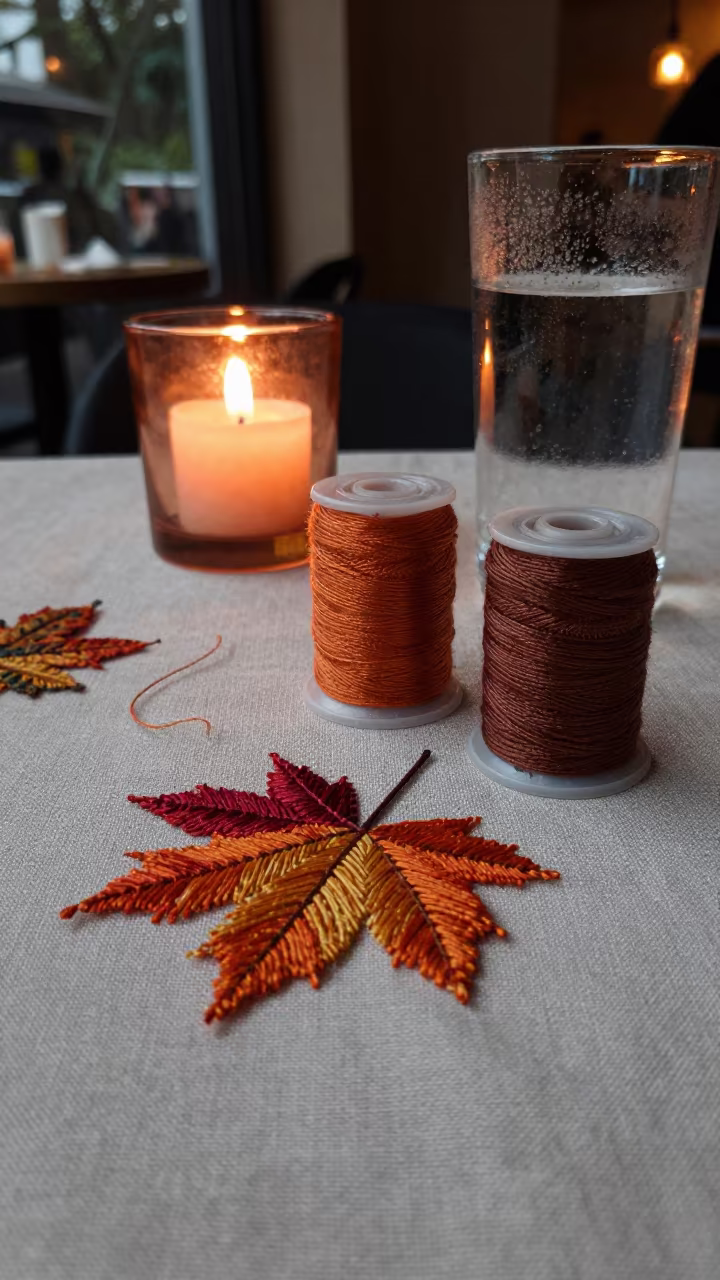 Autumn Thread Spools on Linen in Xiamen Cafe in on a cafe table by a window in Xiamen