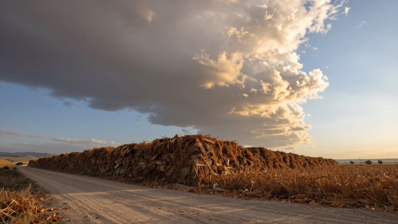 Autumn Thunderheads Over Kahramanmaraş Farm Lane in over a horizon of stacked thunderheads near Kahramanmaraş