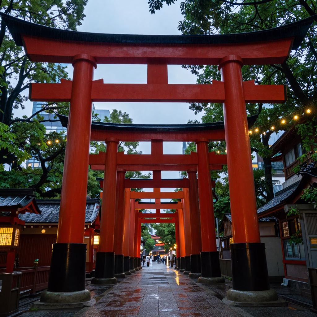 Autumn Torii Gate Amidst Summer Drizzle in Asakusa in inside a skylit passageway in Asakusa, Tokyo
