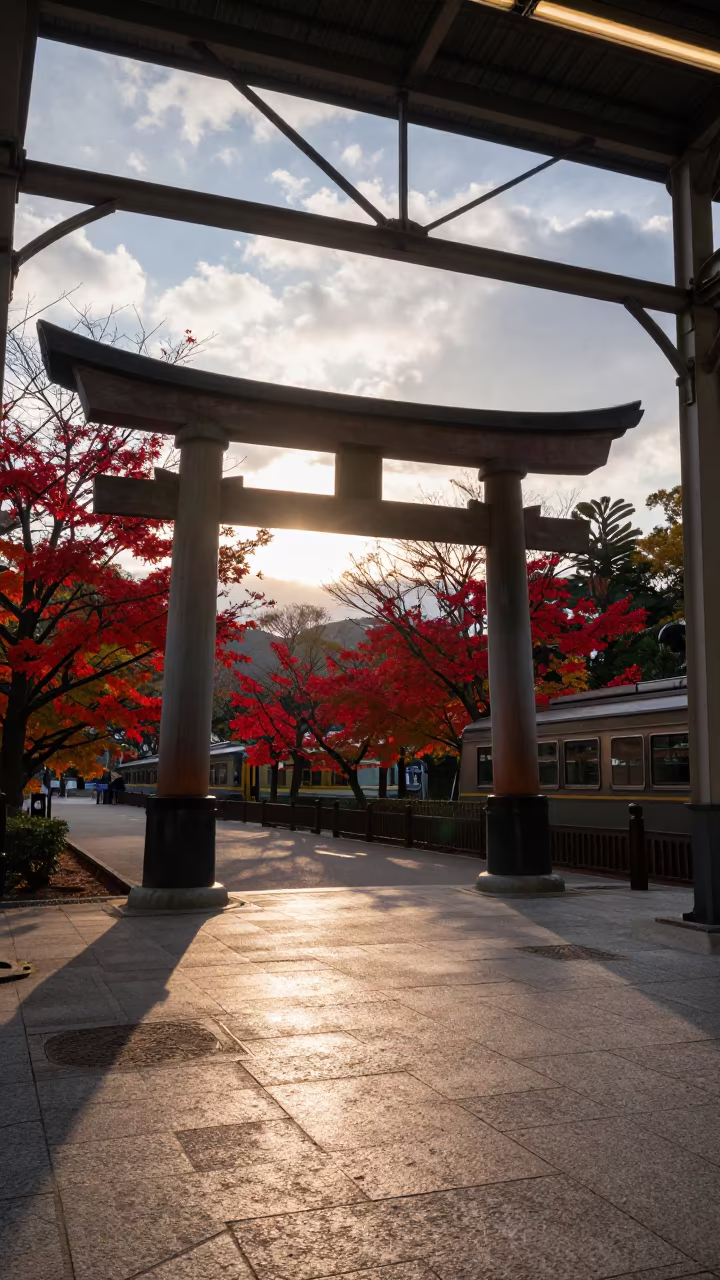 Autumn Torii Gate Sunset Kyoto Terminal in inside a restored train terminal in Kyoto