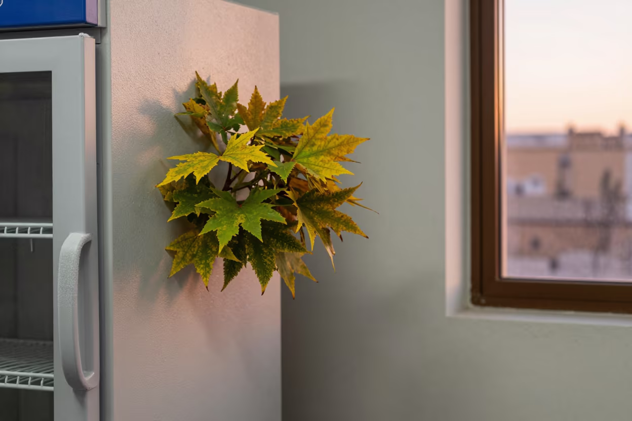 Autumn Tree Growing from Lab Freezer in Ibiza in in a specimen archive room in Ibiza