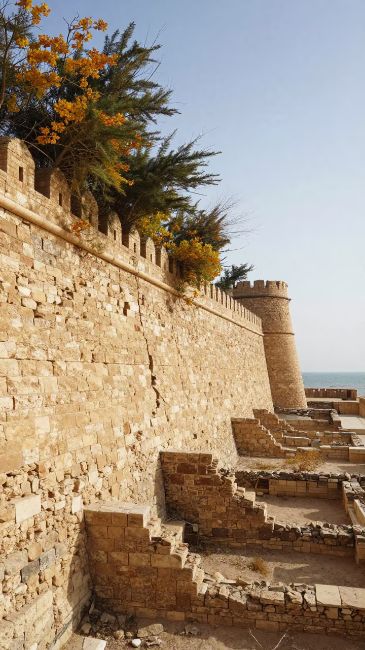 Autumn Trees in Crumbling Fortress Wall Deir ez-Zor in among collapsed cloisters near Deir ez-Zor