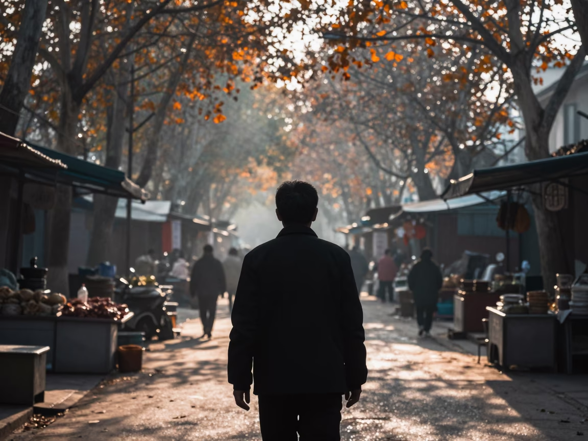 Autumn Trees Double Exposure Portrait Wuhan Market in along a market lane in Wuhan
