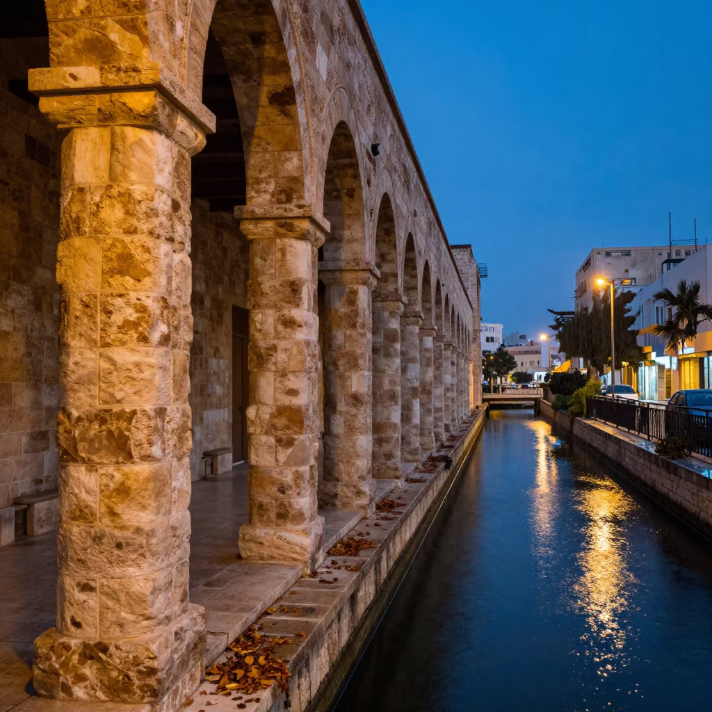 Autumn Twilight Colonnade Tel Aviv Canal in near Neve Tzedek, Tel Aviv