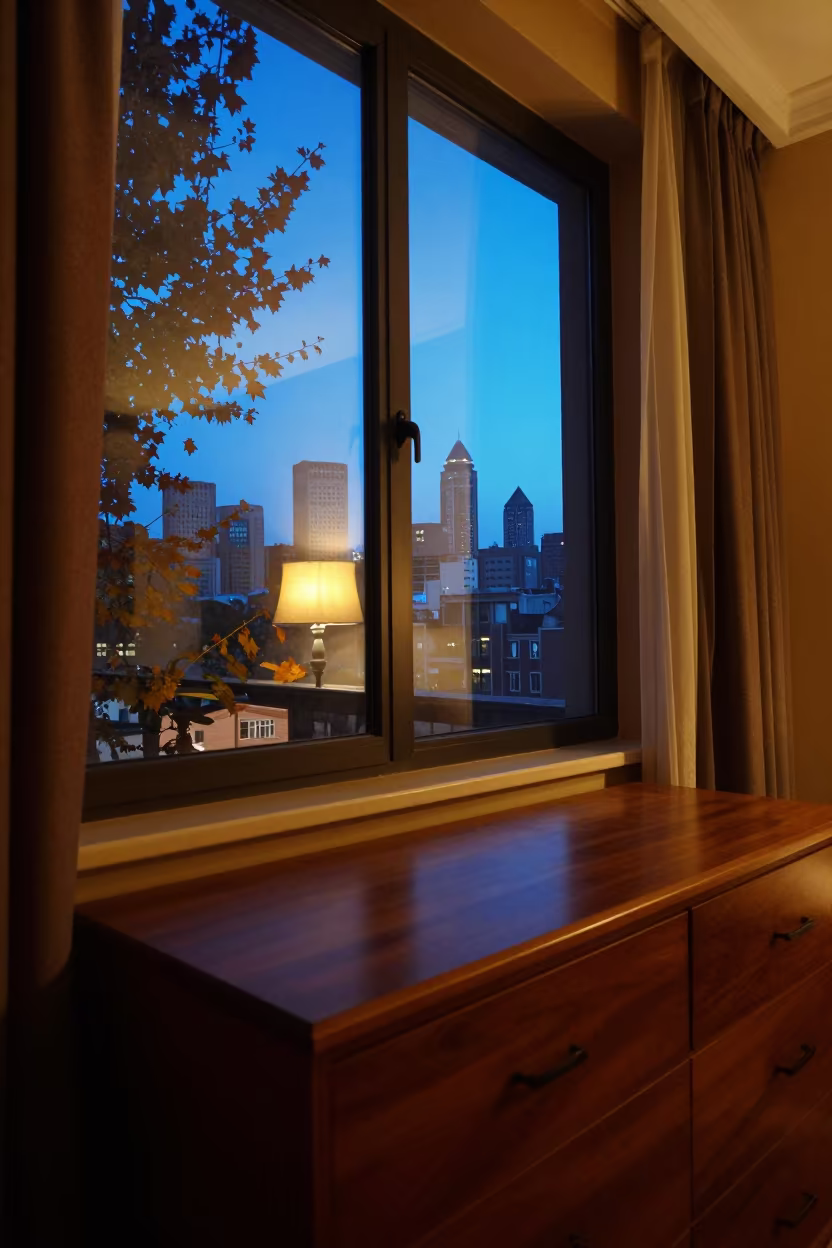 Autumn Twilight Skyline Reflection on Hotel Dresser in on a hotel dresser in Baqubah