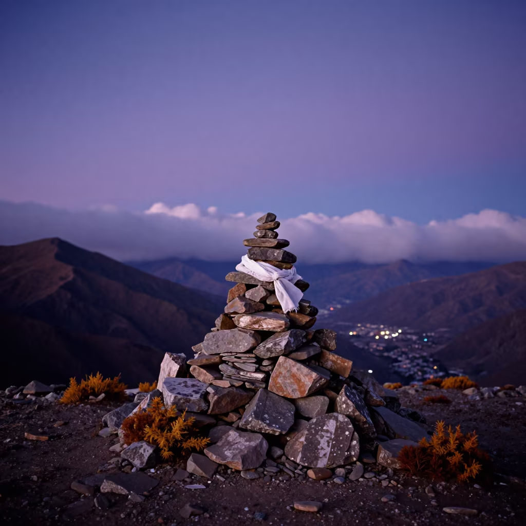 Autumn Twilight Stone Cairn Above Leh Summit in beside a summit cairn above the tree line near Leh