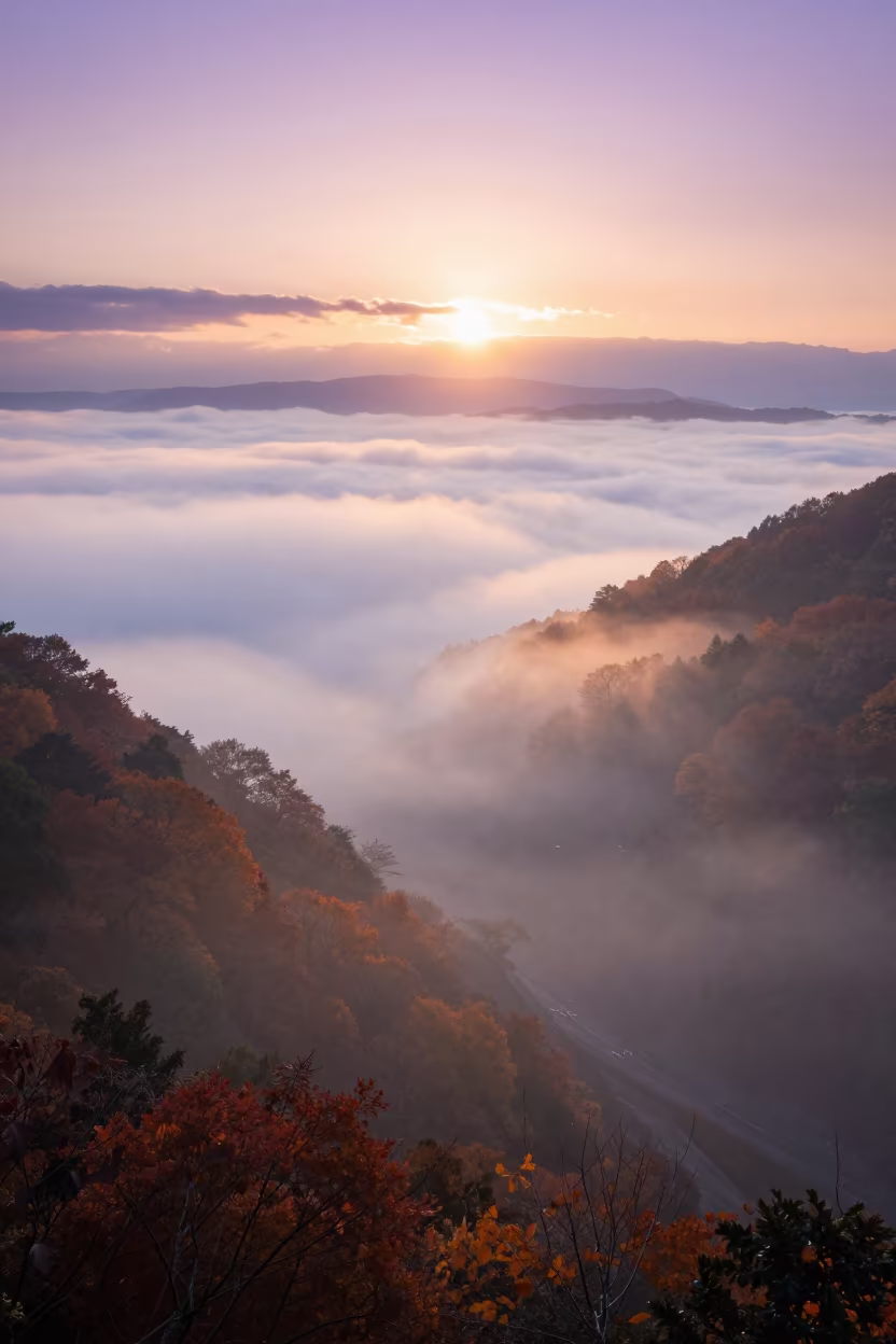 Autumn Valley Fog Sea Osaka Dawn Clouds in beneath fast-moving cloud bands near Amerikamura, Osaka