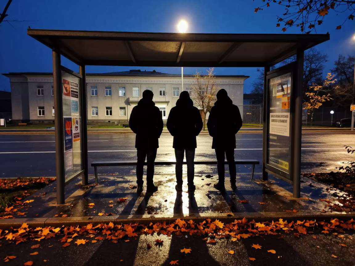 Autumn Vigil Silhouette at Larissa Bus Shelter in beneath government building floodlights near Larissa