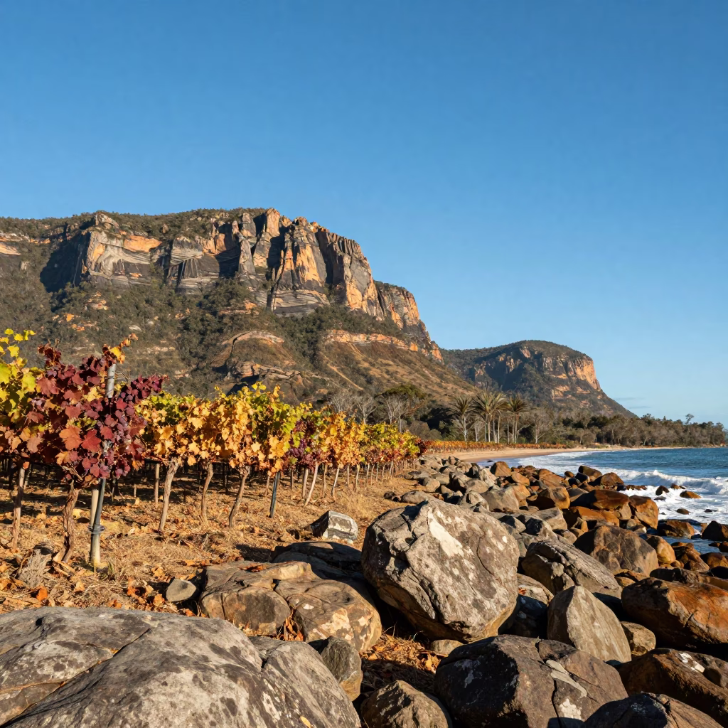 Autumn Vineyard Along Wave-Cut Shoreline Queensland in along a wave-cut shoreline in Queensland