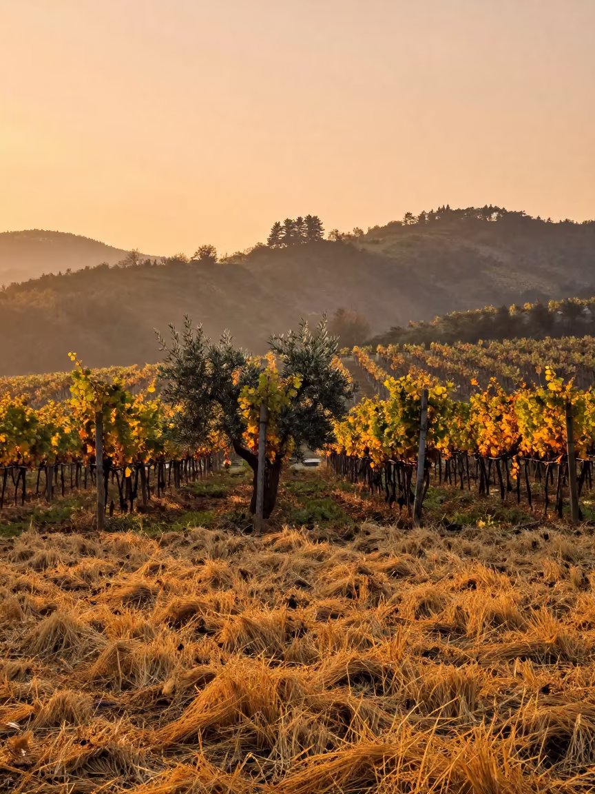 Autumn vineyard olive groves Daegu silhouette in across a harvested grain field in Daegu