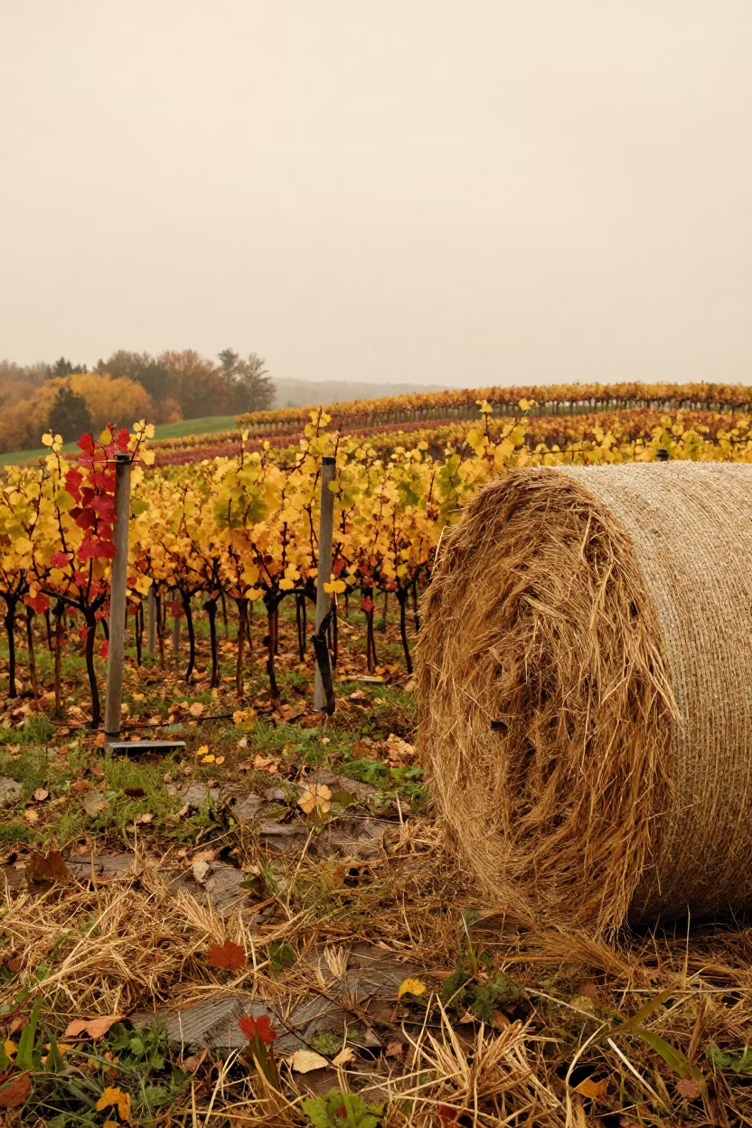Autumn Vineyard Patchwork Beside Hay Bales in beside stacked hay bales in Czech Republic