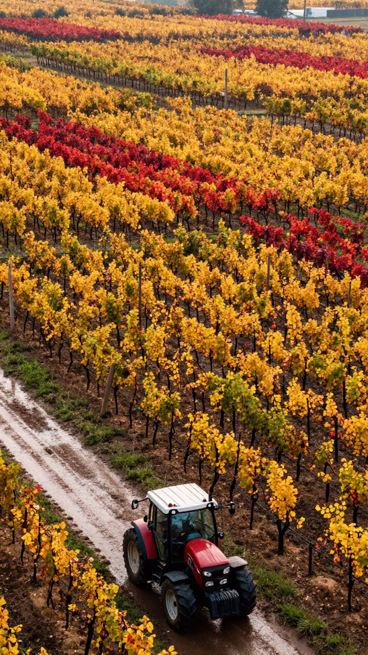 Autumn Vineyard Patchwork Above Tractor Track in beside a tractor track through dark soil in Dhaka