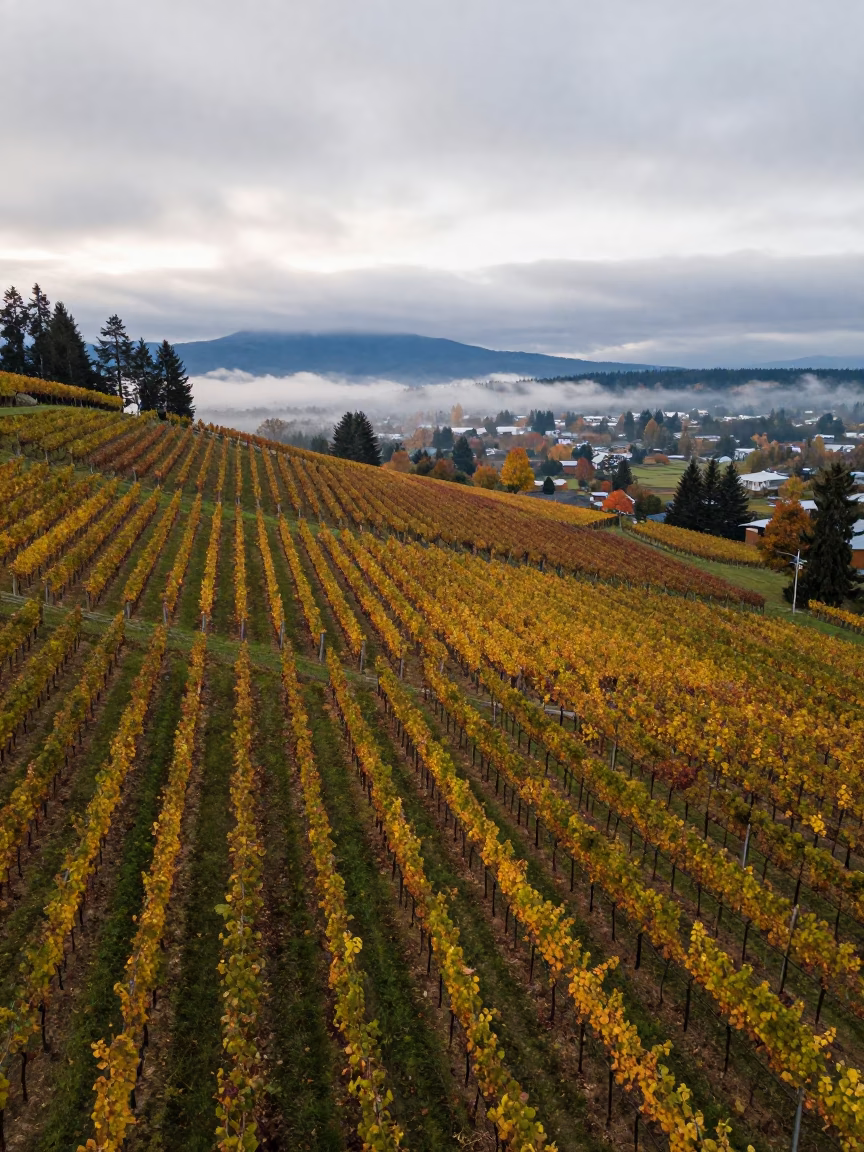 Autumn Vineyard Ridge View at Dawn Near Strathcona in from a ridge above layered foothills near Strathcona, Vancouver