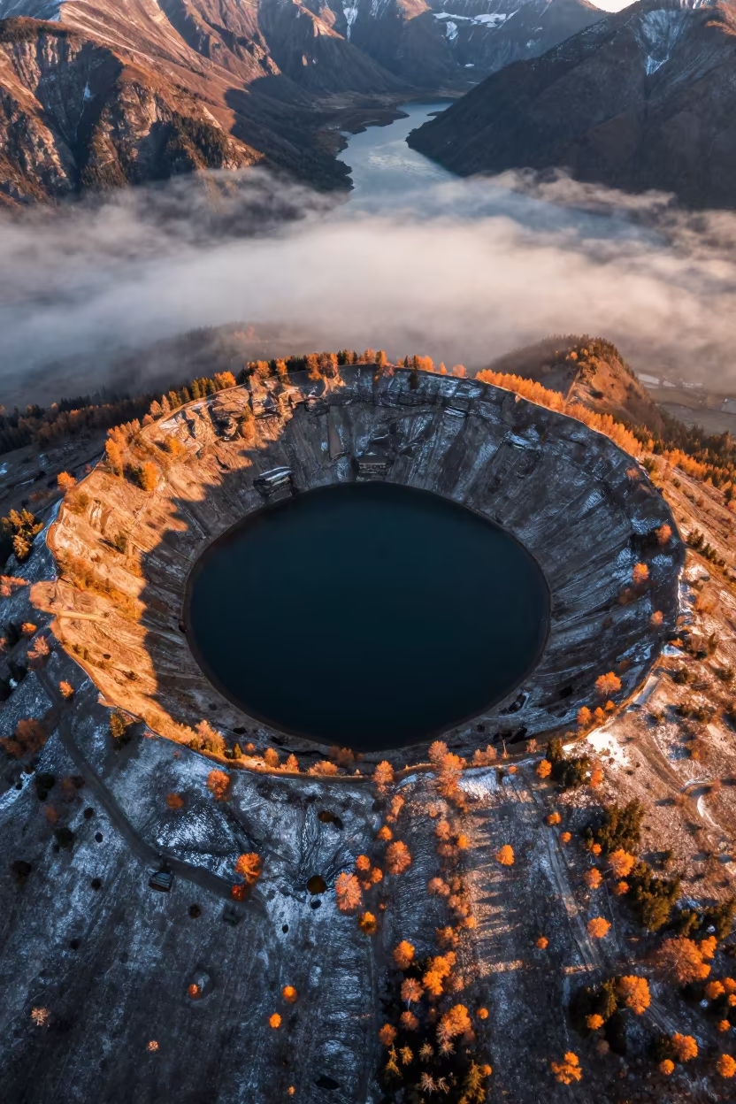 Autumn Volcanic Crater Lake Above Foggy Coast in far above surf-scalloped coastline in British Columbia