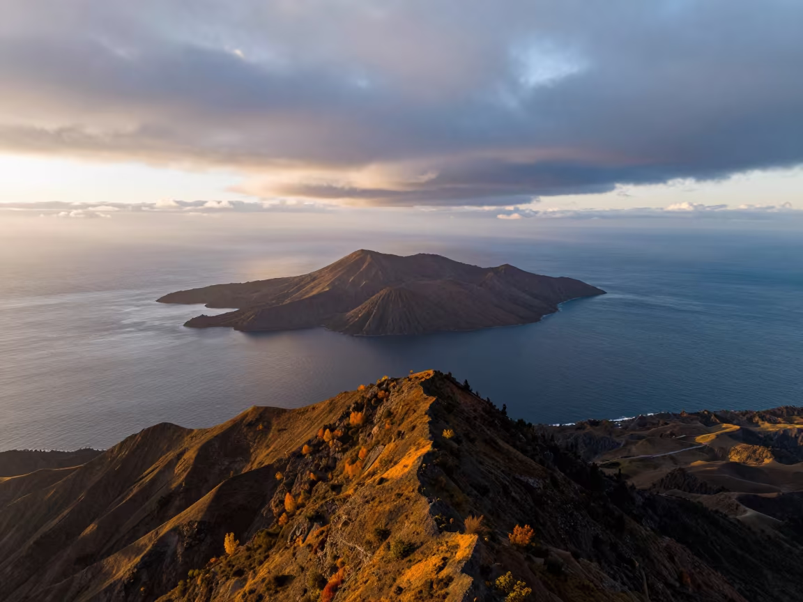 Autumn Volcanic Island Peru Ridge View in from a ridge above layered foothills in Peru