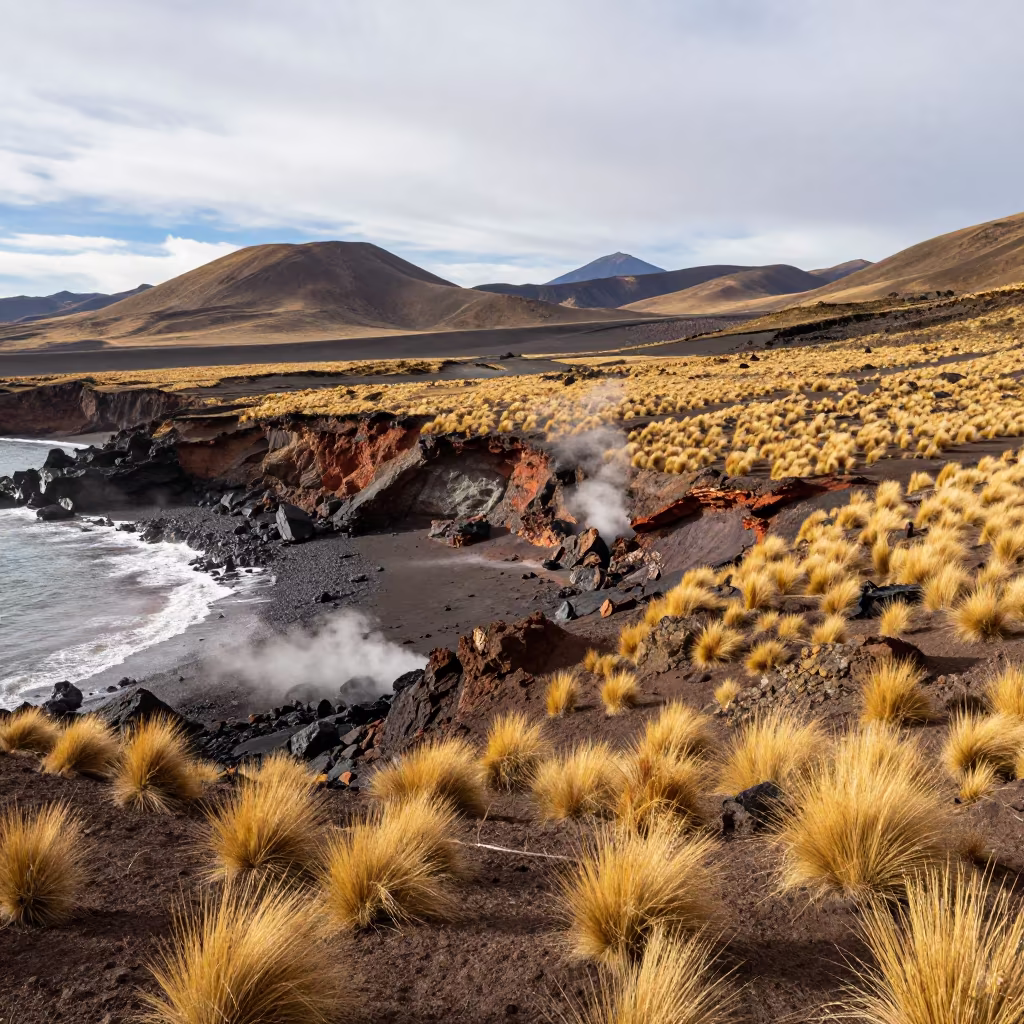 Autumn Volcanic Plateau Shoreline Fumaroles in along a wave-cut shoreline near Cusco