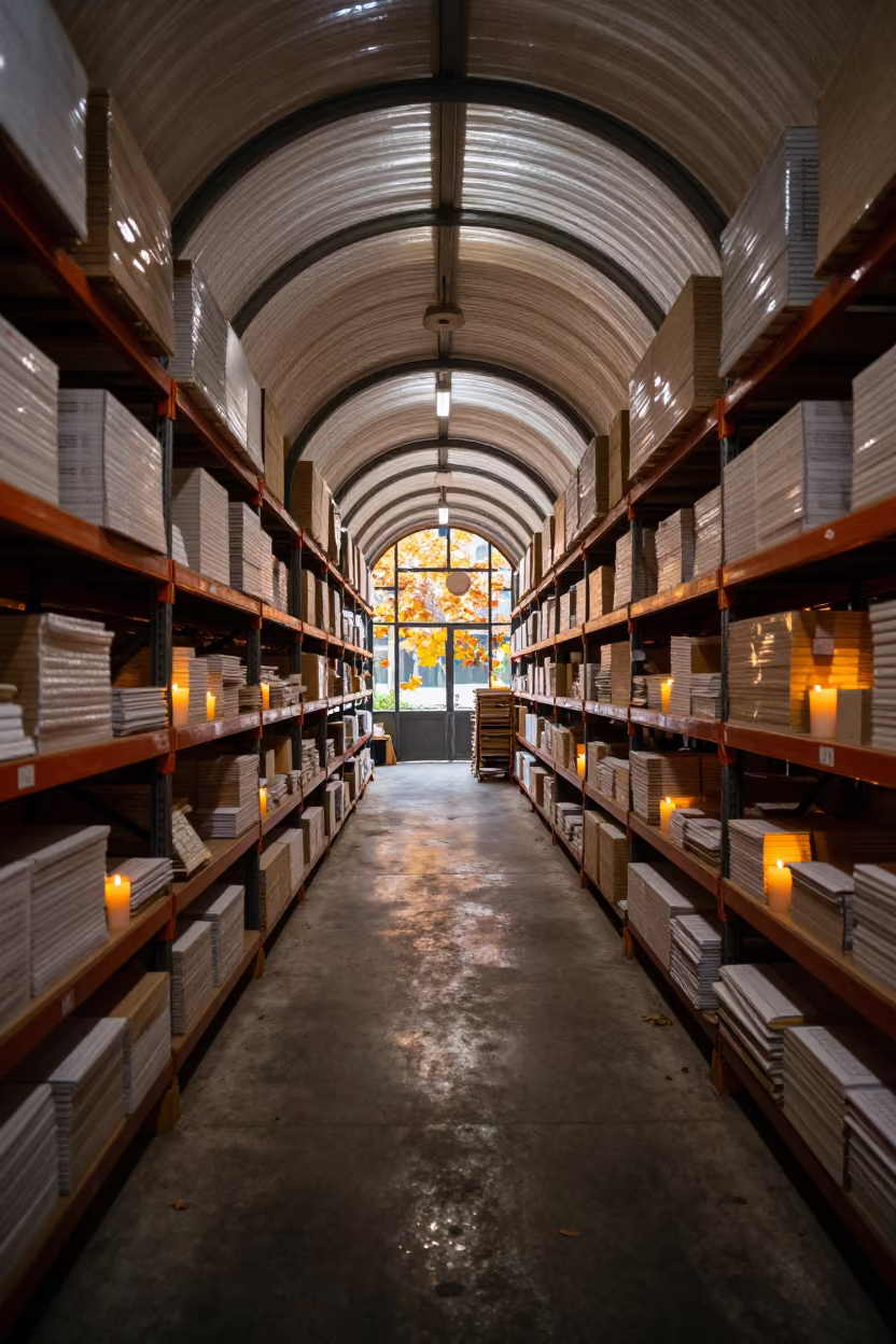Autumn Warehouse Aisle with Scan Tunnel and Film Tails in inside a warehouse aisle in Sidi Bel Abbès