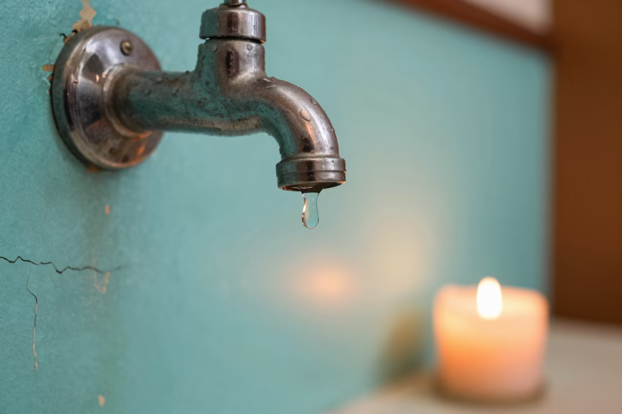 Autumn Water Droplet Near Turquoise Wall Kyoto in against weathered turquoise paint near Gion, Kyoto