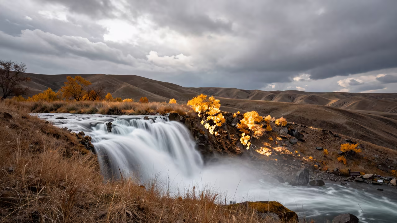 Autumn Waterfall Silk Ridge Bishkek in from a ridge above layered foothills near Bishkek