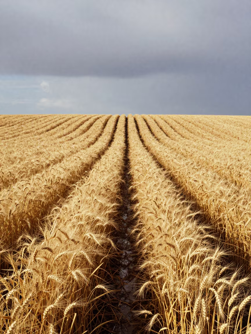 Autumn Wheat Field Shadowed by Clouds in Provence in along freshly irrigated rows in Provence