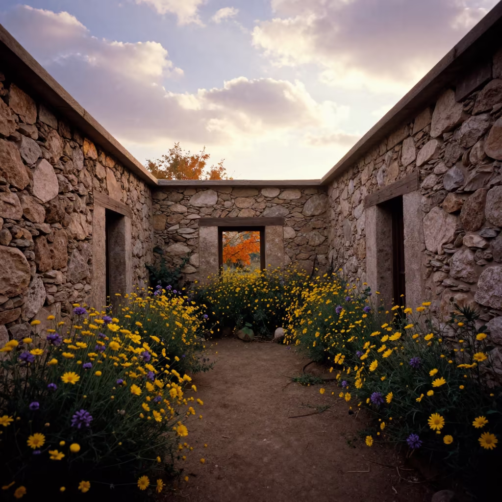 Autumn Wildflowers Inside Roofless Stone Cottage Najaf in inside a skylit passageway in Najaf