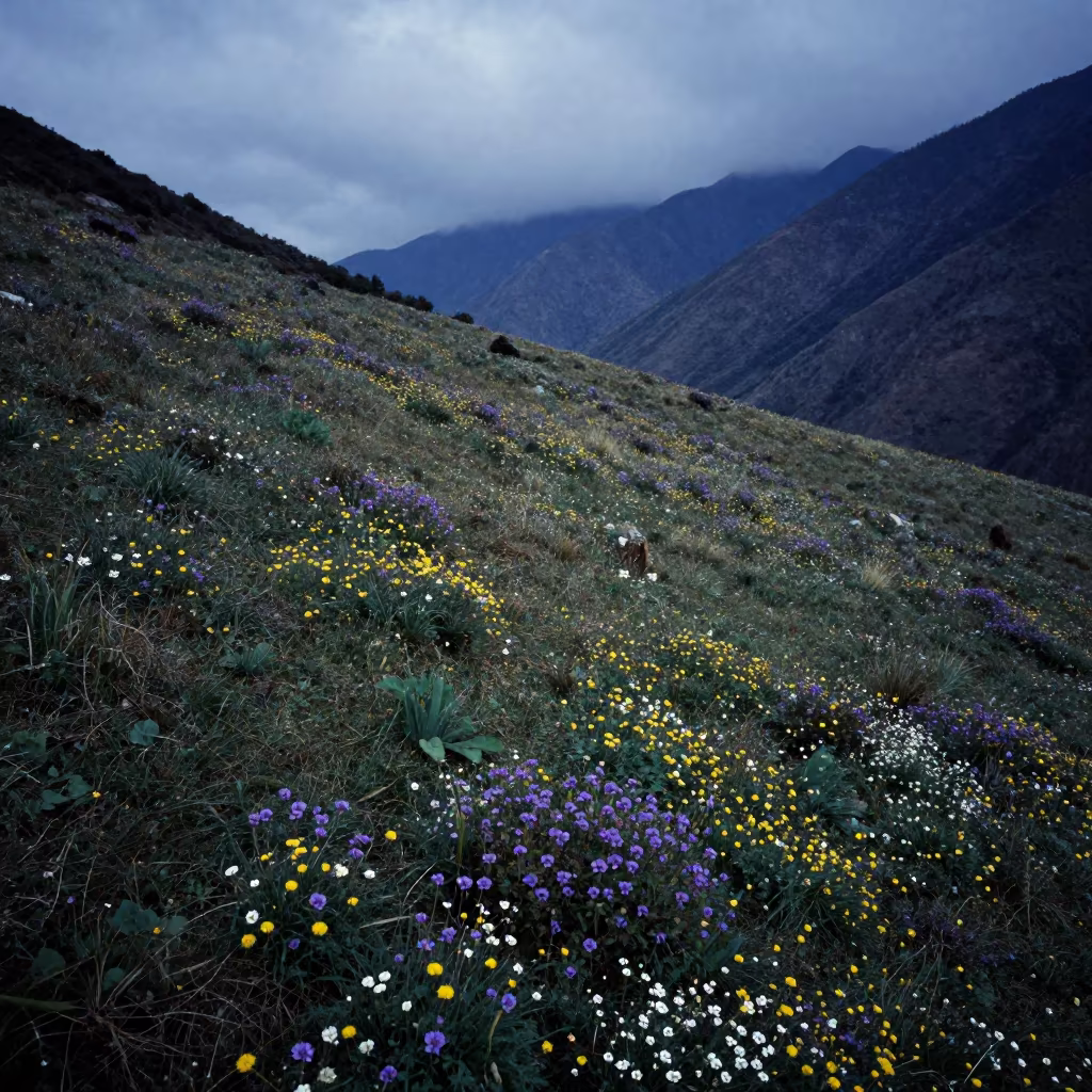 Autumn Wildflowers in Twilight Mountain Meadow in along a wave-cut shoreline near Pokhara