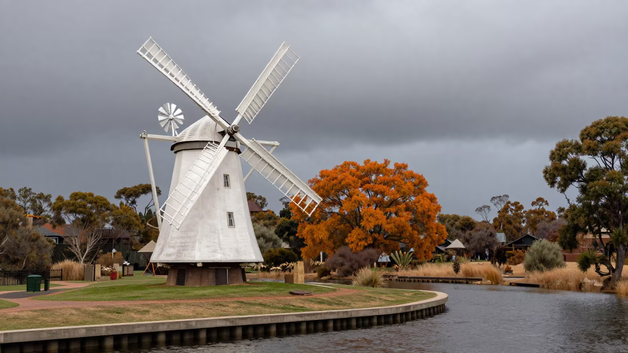 Autumn Windmill Sails Turning Beside Canal South Australia in beside a canal-front facade in South Australia