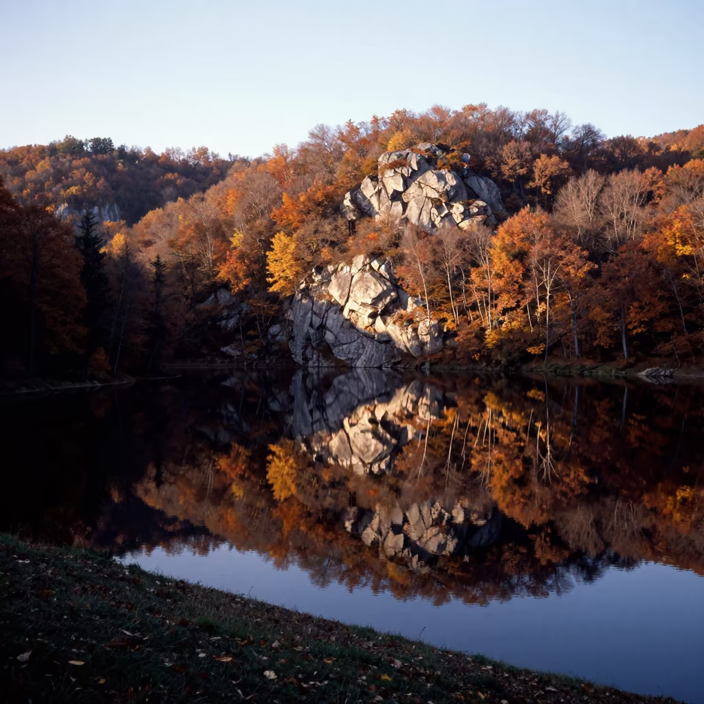 Autumnal Forest Reflection on Lake Before Dawn in from a ridge above layered foothills near Belas