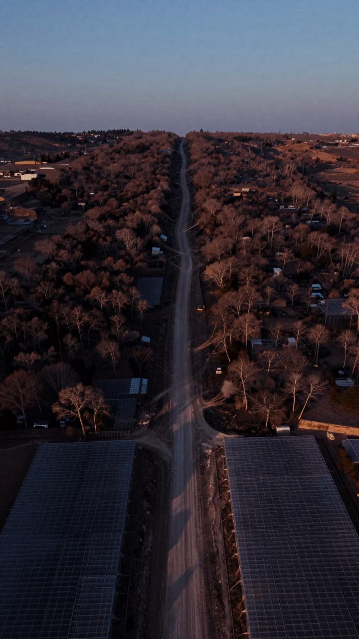 Avalanche Path Through Jordan Greenhouses Blue Hour in high over greenhouse grids in Jordan
