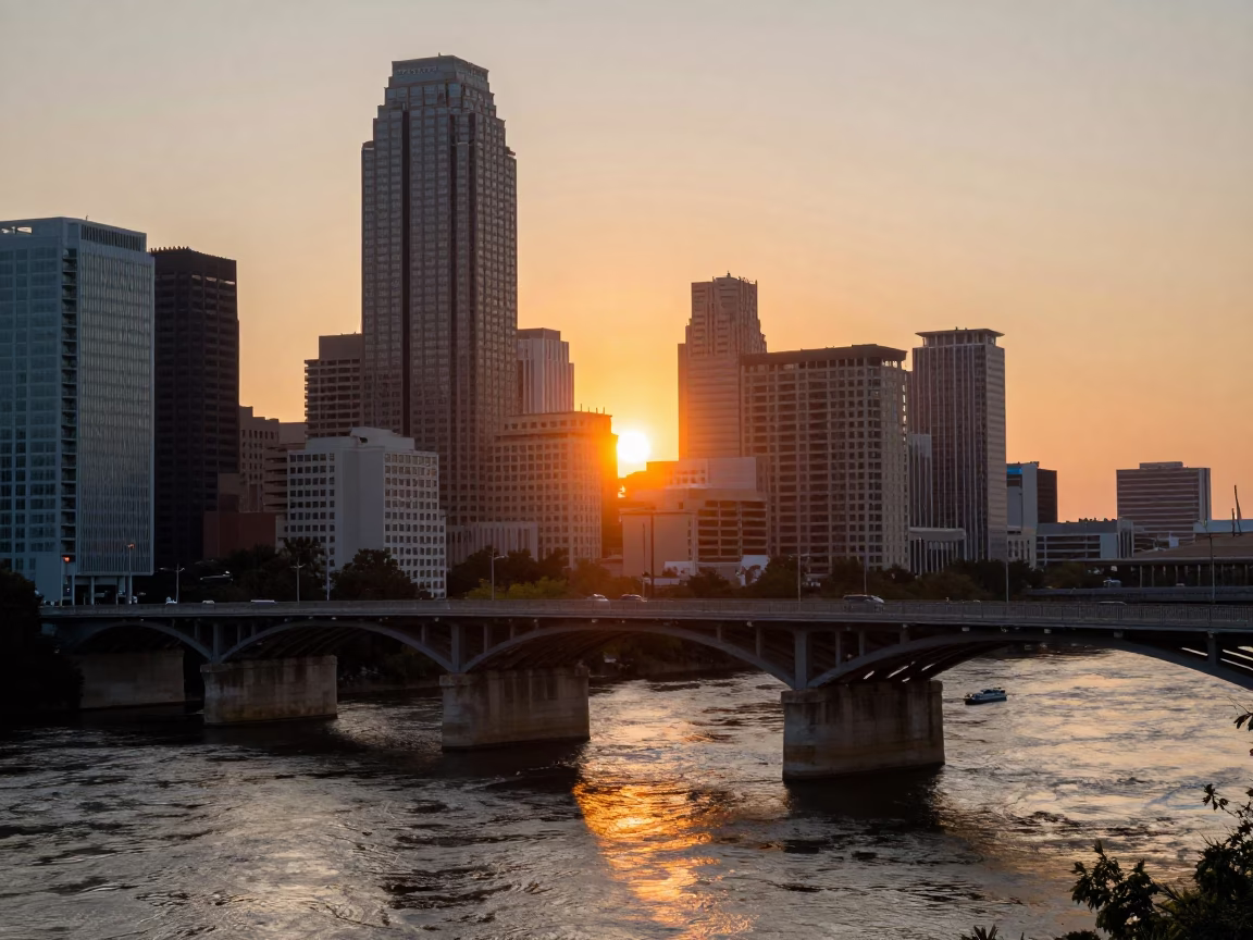 Avenue Bridge in Austin at As The Sun Drops Toward The Horizon in in Austin, Texas, United States