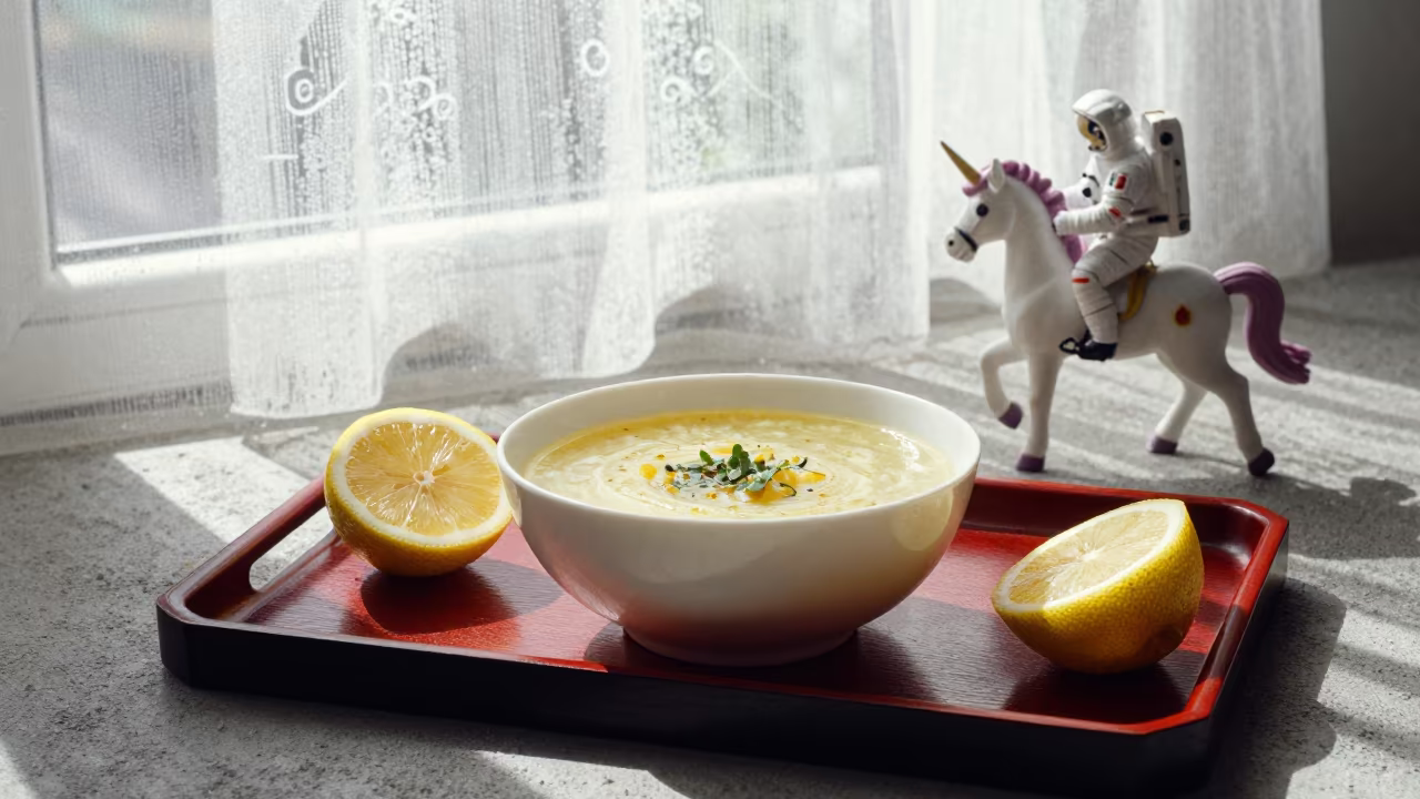 Avgolemono Soup with Astronaut Unicorn in on a lacquered tray in Gorzów Wielkopolski