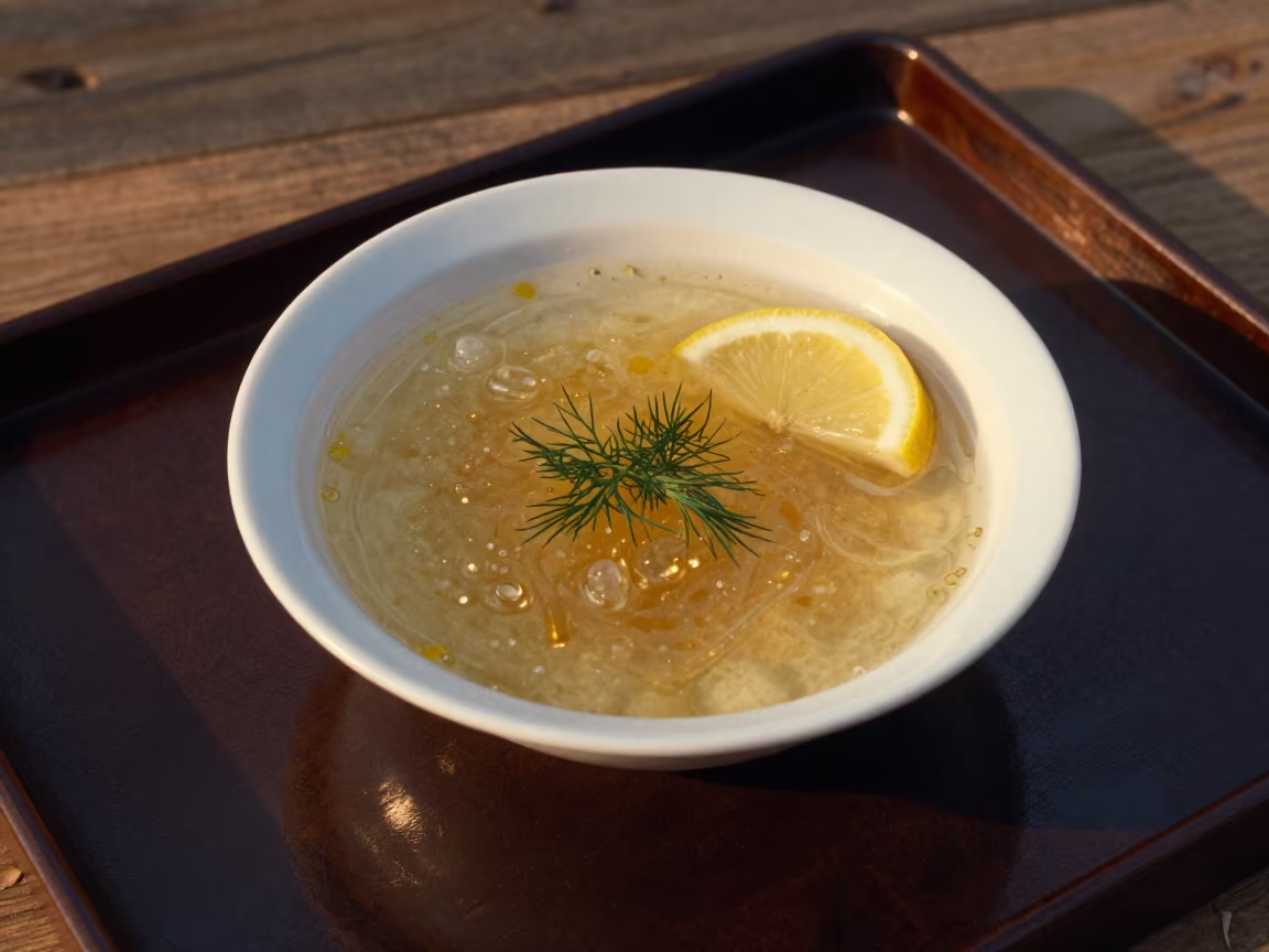 Avgolemono Soup Bowl with Lemon on Tray in on a lacquered tray in Almaty