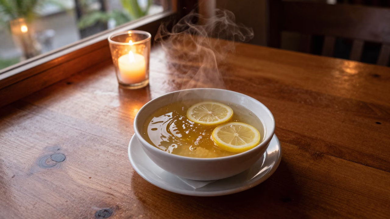 Avgolemono Soup Bowl Sunset Panama City in on a restaurant table in Panama City