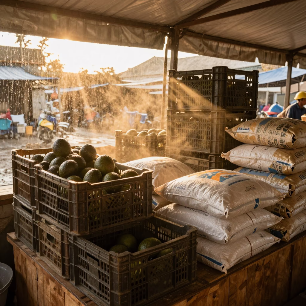 Avocado Crates Under Market Tent Lashio in on a grocer's counter with stacked paper sacks in Lashio